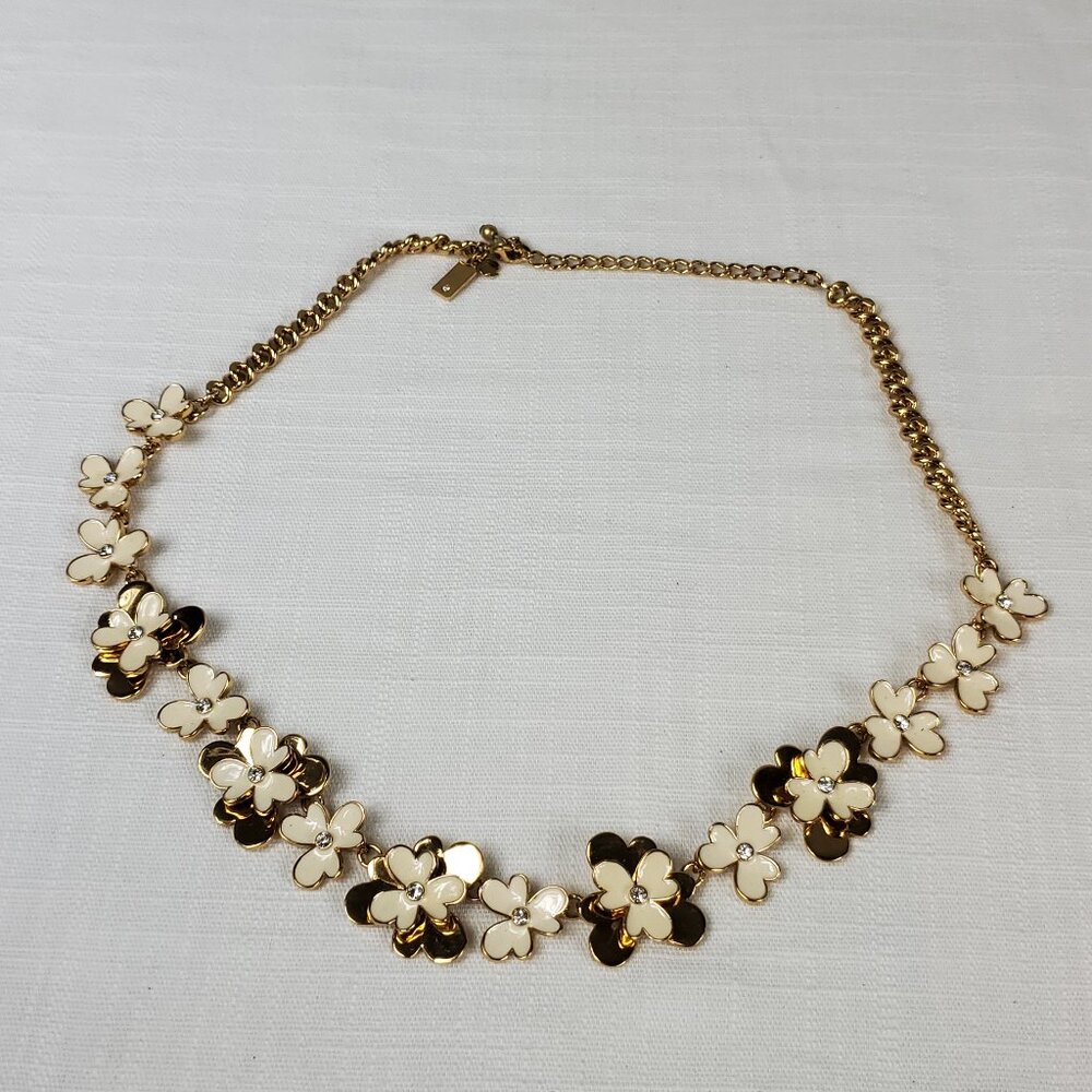 Kate Spade Floral Gold Tone White Enamel & Crystal Necklace